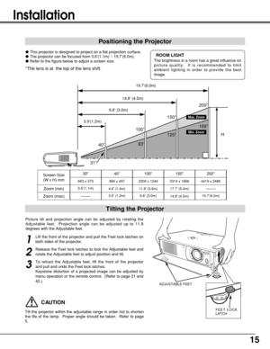 Page 1515
Installation
Positioning the Projector
Tilting the Projector
Picture tilt and projection angle can be adjusted by rotating the
Adjustable feet.  Projection angle can be adjusted up to 11.8
degrees with the Adjustable feet. 
Lift the front of the projector and pull the Feet lock latches on
both sides of the projector.
1
ADJUSTABLE FEET
FEET LOCK
LATCH
Release the Feet lock latches to lock the Adjustable feet and
rotate the Adjustable feet to adjust position and tilt. 
2
To retract the Adjustable feet,...