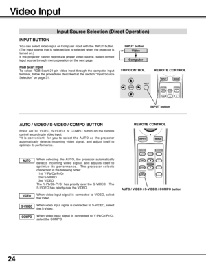 Page 2424
Video Input
Input Source Selection (Direct Operation)
You can select Video input or Computer input with the INPUT button.
(The input source that is selected last is selected when the projector is
turned on.)  
If the projector cannot reproduce proper video source, select correct
input source through menu operation on the next page.INPUT button
Video
Computer
WARNINGTEMP.
LAMPREPLACE
READY
LAMP
MENUINPUT
ON-OFF
SELECTNO SHOW
IMAGE
INPUT
1
2
IMAGEAUTO
VIDEO
VIDEO
TOP CONTROL REMOTE CONTROL
Press AUTO,...