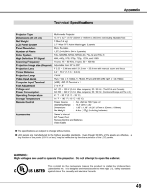 Page 4949
Appendix
0.7 Wide TFT Active Matrix type, 3 panels
Multi-media Projector
7.5lbs (3.4 kg)
13.11 x 4.27 x 9.70 (333mm x 108.5mm x 246.5mm) (not including Adjustable Feet)
964 x 544 dots
1,573,248 (964 x 544 x 3 panels)
PAL, SECAM, NTSC, NTSC4.43, PAL-M and PAL-N
H-sync. 15 ~ 80 KHz, V-sync. 50 ~ 100 Hz
Adjustable from 30” to 200”
41 ˚F ~ 95 ˚F (5 ˚C ~ 35 ˚C)
14 ˚F ~ 140 ˚F (-10 ˚C ~ 60 ˚C)
Owner’s Manual
AC Power Cord
Remote Control and Batteries
Video Cable 
Projector Type
Net Weight
Dimensions (W x H...