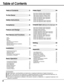 Page 22
Table of Contents
Table of Contents 2
Part Names and Functions 9Video Input 24
Computer Input/ (RGB Scart 21-Pin Video Input) 31
Setting 42
Appendix 44 To the Owner 3
Feature and Design 8
Front 9
Bottom 10
Back 10
Terminal 11
Top Controls and Indicators 12
Remote Control 13
Remote Control Batteries Installation 14
Operating Range 14Input Source Selection (Direct Operation) 24
Input Source Selection (Menu Operation) 25
Video System Selection (Video/S-Video) 26
Video System Selection (Y-Pb/Cb-Pr/Cr) 26...