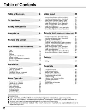 Page 22
Table of Contents
Table of Contents 2
Part Names and Functions 9Video Input 24
Computer Input/ (RGB Scart 21-Pin Video Input) 31
Setting 42
Appendix 44 To the Owner 3
Feature and Design 8
Front 9
Bottom 10
Back 10
Terminal 11
Top Controls and Indicators 12
Remote Control 13
Remote Control Batteries Installation 14
Operating Range 14Input Source Selection (Direct Operation) 24
Input Source Selection (Menu Operation) 25
Video System Selection (Video/S-Video) 26
Video System Selection (Y-Pb/Cb-Pr/Cr) 26...