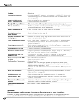 Page 5252
WARNING:
High voltages are used to operate this projector . Do not attempt to open the cabinet .
If problems still persist  after following all operating instructions,
 contact the dealer where you purchased the projector or  
service center.  Give the model number and explain about the problem. We will advise you how to obtain service.
– 
Solutions Problem: 
  LOGO button does not work.  – 
Check the Logo setting. Make sure Logo is not set to off. (see page 40).
 The exclamation mark appears on 
the...