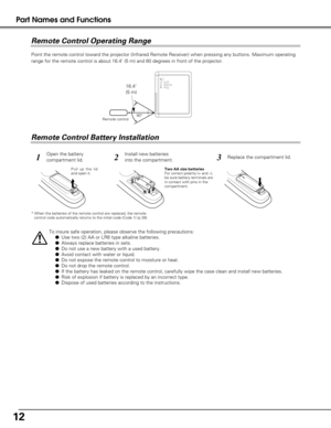 Page 1212
Part Names and Functions
To insure safe operation, please observe the following precautions:●Use two (2) AA or LR6 type alkaline batteries.
● Always replace batteries in sets.
● Do not use a new battery with a used battery.
● Avoid contact with water or liquid.
● Do not expose the remote control to moisture or heat.
● Do not drop the remote control.
● If the battery has leaked on the remote control, carefully wipe the case\
 clean and install new batteries.
● Risk of explosion if battery is replaced...