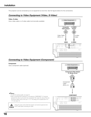 Page 1616
Installation
SERVICEPOR
HDMI 1COMPUTER
COMPONENT 1
COMPONENT 2S-VIDEO
HDMI 2VIDEOPb/Cb
YP r/Cr
Video Equipment
S-video
Cable 
S-VIDEOOutput
S-VIDEO
VIDEO
Composite
Video Output
Video Cable
(RCA x 1) 
Video, S-video
Use a video cable or a S-video cable (commercially available).  
Unplug the power cords of both the projector and external equipment from\
the AC outlet before connecting the cables.
SERVICEPORT
HDMI 1 COMPUTER
COMPONENT 1
COMPONENT 2S-VIDEO
HDMI 2VIDEOPb/Cb
YP r/Cr
Video Equipment...