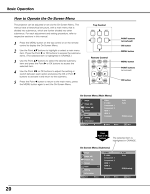 Page 2020
Basic Operation
Press the MENU button on the top control or on the remote
control to display the On-Screen Menu. 
Use the Point 
edbuttons to highlight or select a main menu
item. Press the Point 
8or OK buttons to access the submenu
items. (The selected item is highlighted in ORANGE.)
Press the Point 
7button to return to the main menu; press
the MENU button again to exit the On-Screen Menu. Use the Point 
edbuttons to select the desired submenu
item and press the Point 
8or OK buttons to access the...