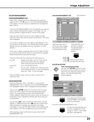 Page 3131
Image Adjustment
COLOR MANAGEMENT LIST
Clear the check mark if
you do not want to apply
this adjusted color data
to the projected image. 
Select [Yes] to delete
the selected color data.
Select the DEL box if
you want to delete
the adjusted data. A
confirmation box
appears.
COLOR MANAGEMENT
COLOR MANAGEMENT LIST
Select Color management in the Advanced menu and then
press the OK or Point 
8buttons. The COLOR MANAGEMENT
LIST appears. You can store up to eight (8) color management
data in the list. 
In...