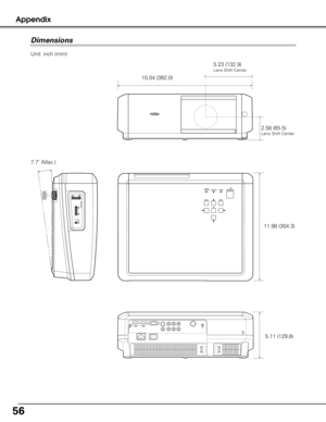 Page 5656
AppendixDimensions
15.04 (382.0)
11.98 (304.3)
Unit: inch (mm)
7.7˚ (Max.)
5.11 (129.8)
5.23 (132.9)
Lens Shift Center
2.58 (65.5)Lens Shift Center 
