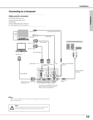 Page 1717
Installation
Installation
Connecting to a Computer
ON ON
COMPUTER  IN  1DVI - I
MONITOR  OUT
S-VIDEO
COMPUTER IN 2 / COMPONENT IN / 
COMPUTER / COMPONENT
AUDIO  IN
AUDIO  IN
RVIDEOLUSB
SERVICE PORT 
RESET
MCI
(MONO)
(VARIABLE)
AUDIO  OUT
Cables used for connection
• VGA Cable (HDB 15 pin) ✽
• DVI-VGA Cable (HDB 15 pin) 
• USB Cable
• Audio Cables (Mini Plug: stereo)
✽
(✽= Not supplied with this projector.)
External Audio Equipment
VGA cable ✽ USB cableAudio cable (stereo) ✽
Audio cable ✽
(stereo)...