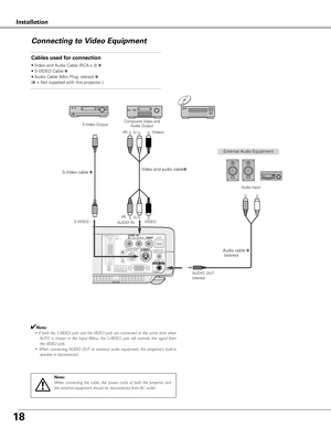 Page 1818
COMPUTER  IN  1DVI - I
MONITOR  OUT
S-VIDEO
COMPUTER IN 2 / COMPONENT IN / 
COMPUTER / COMPONENT
AUDIO  IN
AUDIO  IN
RVIDEOLUSB
SERVICE PORT 
RESET
(MONO)
(VARIABLE)
AUDIO  OUT
S-VIDEO
 
COMPUTER / COMPONENT
AUDIO  IN
AUDIO  IN
RVIDEOLUSB
SERVICE PORT 
(MONO)
AUDIO  OUT
(VARIABLE)
COMPUTER  IN  1DVI - I
MONITOR  OUTCOMPUTER IN 2 / COMPONENT IN / 
RESET
MCI
Installation
Connecting to Video Equipment
Cables used for connection
• Video and Audio Cable (RCA x 3) ✽
• S-VIDEO Cable ✽
• Audio Cable (Mini...