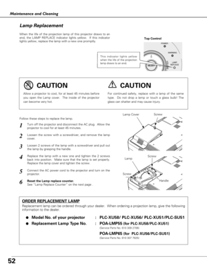 Page 5252
Maintenance and Cleaning
When the life of the projection lamp of this projector draws to an
end, the LAMP REPLACE indicator lights yellow.  If this indicator
lights yellow, replace the lamp with a new one promptly.
Follow these steps to replace the lamp.
Lamp Lamp Cover
ORDER REPLACEMENT LAMP
Replacement lamp can be ordered through your dealer.  When ordering a projection lamp, give the following
information to the dealer.
●
Model No. of your projector :   PLC-XU58/ PLC-XU56/ PLC-XU51/PLC-SU51...