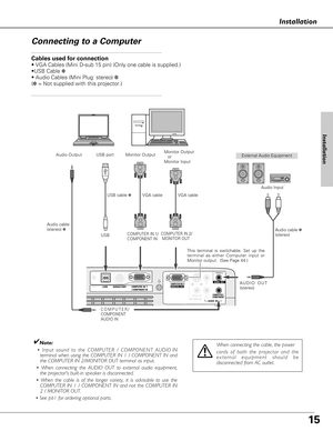 Page 1515
Installation
Connecting to a Computer
ON ON
S-VIDEO IN  
MONITOR  OUTCOMPUTER IN 2 / 
COMPUTER / COMPONENTAUDIO  IN
R
VIDEO INL(MONO)
(VARIABLE)
AUDIO  OUTCOMPUTER  IN  1/ COMPONENT INUSBSERVICE PORT RESET
Cables used for connection 
• VGA Cables (Mini D-sub 15 pin) (Only one cable is supplied.) 
•USB Cable ✽
• Audio Cables (Mini Plug: stereo) ✽
(✽= Not supplied with this projector.)
External Audio Equipment
VGA cable   USB cable ✽
Audio cable
(stereo) ✽
Audio cable ✽
(stereo) Monitor Output
or...