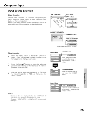 Page 2525
Choose either Computer 1 or Computer 2 by pressing the
INPUT button on the top control or press the COMPUTER
button on the remote control.
Before using these buttons, correct input source should be
selected through Menu operation as described below.
Press the MENU button to display the On-Screen
Menu.  Press the Point
7 8buttons to move the red
framed pointer to the Input Menu icon.1
Computer
1
Input Menu
Press the Point edbuttons to move the red arrow
pointer to either Computer 1 or Computer 2, and...