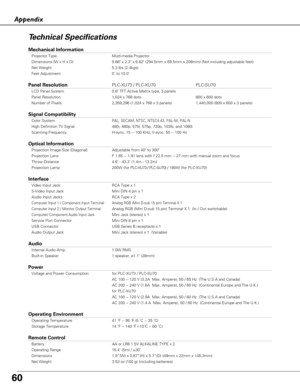 Page 6060
Appendix
Technical Specifications
Mechanical Information
Projector Type Multi-media Projector
Dimensions (W x H x D) 9.66 x 2.3 x 6.82 (294.5mm x 69.5mm x 208mm) (Not including adjustable feet)
Net Weight 5.3 lbs (2.4kgs)
Feet Adjustment 0˚ to 10.0˚
Panel ResolutionPLC-XU73 / PLC-XU70 PLC-SU70
LCD Panel System 0.6 TFT Active Matrix type, 3 panels 
Panel Resolution 1,024 x 768 dots 800 x 600 dots
Number of Pixels 2,359,296 (1,024 x 768 x 3 panels)    1,440,000 (800 x 600 x 3 panels)
Signal...