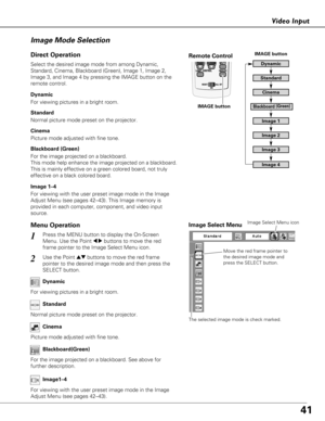 Page 4141
Video Input
Move the red frame pointer to
the desired image mode and
press the SELECT button.
The selected image mode is check marked.
Image Select Menu
Standard
Cinema
Blackboard(Green)
For viewing with the user preset image mode in the Image
Adjust Menu (see pages 42–43). Image1–4
Image Select Menu icon
Select the desired image mode from among Dynamic,
Standard, Cinema, Blackboard (Green), Image 1, Image 2,
Image 3, and Image 4 by pressing the IMAGE button on the
remote control.
Standard
Picture...