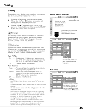 Page 4545
Language
The language used in the On-Screen Menu is available in
English, German, French, Italian, Spanish, Portuguese,
Dutch, Swedish, Finnish, Polish, Hungarian, Romanian,
Russian, Chinese, Korean, and Japanese.
Set the red frame
pointer to the item
and press the
SELECT button.
Press the SELECT button at
Language, then the
Language Menu appears.
Setting Menu (Language)
Setting Menu icon
Setting
Setting
Auto setup
This function enables Auto Keystone correction and Auto
PC adjustment by pressing the...