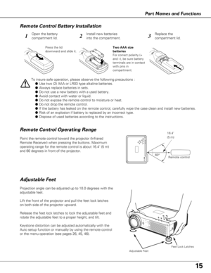 Page 1515
Part Names and Functions
A djustable Feet
To insure safe operation, please observe the following precautions :
●Use two (2) AAA or LR03 type alkaline batteries.
● Always replace batteries in sets.
● Do not use a new battery with a used battery.
● Avoid contact with water or liquid.
● Do not expose the remote control to moisture or heat.
● Do not drop the remote control.
● If the battery has leaked on the remote control, carefully wipe the case\
 clean and install new batteries.
● Risk of an explosion...