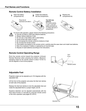 Page 15
15

Part Names and FunctionsPart Names and Functions
Adjustable Feet
To ensure safe operation, please observe the following precautions :
 ● Use two (2) AAA or LR03 type alkaline batteries.
  ● Always replace batteries in sets.
  ● Do not use a new battery with a used battery.
  ● Avoid contact with water or liquid.
  ● Do not expose the remote control to moisture or heat.
  ● Do not drop the remote control.
  ● If the battery has leaked on the remote control, carefully wipe the case clean and install...