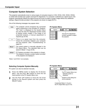 Page 31
1

Computer InputComputer Input
The Auto PC Adjustment 
function operates to adjust 
the projector. 
PC System Menu
The PC System Menu icon 
 Selected system is    
  displayed.
Systems in this dialog box 
can be selected.
PC System Menu
Customized Mode (1–5) set in 
the PC Adjust Menu (pp.33–34).
Computer System Selection
This projector automatically tunes to various types of computers based o\
n VGA, SVGA, XGA, SXGA, WXGA, 
or UXGA with its Multi-scan system and Auto PC Adjustment. If a computer...