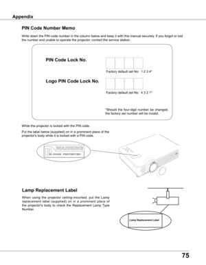 Page 75
75

AppendixAppendix
Write down the PIN code number in the column below and keep it with this \
manual securely. If you forgot or lost 
the number and unable to operate the projector, contact the service station. 
PIN Code Number Memo
Factory default set No:  1 2 3 4*
Factory default set No:  4 3 2 1*
Put the label below (supplied) on in a prominent place of the 
projector's body while it is locked with a PIN code.
While the projector is locked with the PIN code.
PIN Code Lock No .
Logo PIN Code...