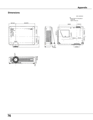 Page 76
76
Appendix
Dimensions
88.7(3.49)
132.1(5.20
)
246.3(9.70)
106.3(4.19
)
136.3(5.37
)
5(0.2)
45(1.77
)40(1.57
)
47.2(1.86)
3.7(0.15)
4.5(0.18)
90(3.54)
105.5(4.15
)
53.5(2.11)
70(2.76)
55(2.17)
84.7(3.33
)
228(9.0)
10°MAX
Unit: inch(mm)
Screw Holes for Ceiling MountScrew: M4Depth: 0.472(12.0) 