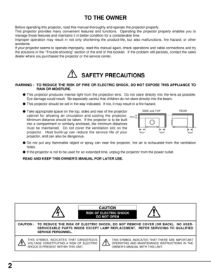 Page 22
Before operating this projector, read this manual thoroughly and operate the projector properly.  
This projector provides many convenient features and functions.  Operating the projector properly enables you to
manage those features and maintains it in better condition for a considerable time.
Improper operation may result in not only shortening the product-life, but also malfunctions, fire hazard, or other
accidents.
If your projector seems to operate improperly, read this manual again, check...