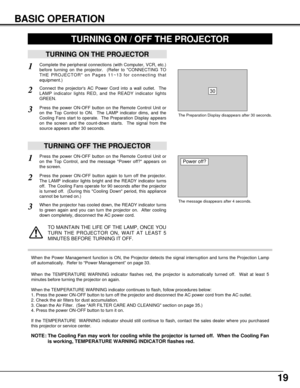 Page 1919
BASIC OPERATION
TURNING ON THE PROJECTOR
Connect the projectors AC Power Cord into a wall outlet.  The
LAMP indicator lights RED, and the READY indicator lights
GREEN.
Press the power ON-OFF button on the Remote Control Unit or
on the Top Control to ON.  The LAMP indicator dims, and the
Cooling Fans start to operate.  The Preparation Display appears
on the screen and the count-down starts.  The signal from the
source appears after 30 seconds.
2
3
TURNING OFF THE PROJECTOR
Press the power ON-OFF button...