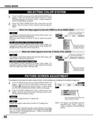 Page 3030
VIDEO MODE
SELECTING COLOR SYSTEM
Press the MENU button and the ON-SCREEN MENU will
appear.  Press the POINT LEFT/RIGHT buttons to select
SYSTEM and press the SELECT button.  Another dialog box
VIDEO SYSTEM Menu will appear. 
Press the POINT DOWN button and a red-arrow icon will
appear.  Move the arrow to Auto, and then press the 
SELECT
button.  
1
2
The projector automatically detects the incoming Video system, and
adjusts itself to optimize its performance.
When the Video System is PAL-M or PAL-N,...