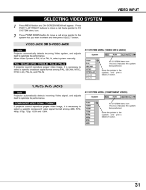Page 3131
VIDEO INPUT
AV SYSTEM MENU (VIDEO OR S-VIDEO)
AV SYSTEM MENU (COMPONENT VIDEO)
SELECTING VIDEO SYSTEM
Press MENU button and ON-SCREEN MENU will appear.  Press
POINT LEFT/RIGHT buttons to move a red frame pointer to AV
SYSTEM Menu icon.
Press POINT DOWN button to move a red arrow pointer to the
system that you want to select and then press SELECT button.1
2
If projector cannot reproduce proper video image, it is necessary to
select a specific broadcast signal format among PAL, SECAM, NTSC,
NTSC 4.43,...