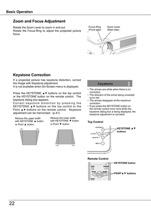 Page 22
Basic OperationBasic Operation

Focus Ring(Front side)
If  a  projected  picture  has  keystone  distortion,  correct the image with Keystone adjustment.  It is not available when On-Screen menu is displayed.
Press  the  KEYSTONE ▲▼ buttons  on  the  top  control or  the  KEYSTONE button  on  the  remote  control.    The keystone dialog box appears. C o r r e c t   k e y s t o n e   d i s t o r t i o n   b y   p r e s s i n g   t h e K E Y S TO N E ▲ ▼ b u t t o n s  o n  t h e  t o p  c o n t...