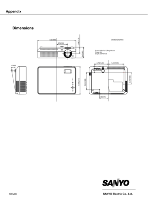 Page 66
KK3ACSANyO Electric Co ., Ltd .
3.74(95)13.0 (330)
2.18(55.3
)
9.33(237
)
3.62(92)
3.94(100
)
5.83(148
)
4.72(120)
2.95(75)
5.31(135)
Screw Holes for Celling MountScrew: M4Depth: 0.394(10.0)
Unit:inch(mm)
10°MAX
Dimensions
Appendix 