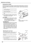 Page 52
Maintenance and CleaningMaintenance and Cleaning
5
Turn off the projector, and disconnect the AC power cord from the AC outlet.
Turn over the projector and remove the air filters by pulling the latches upward.
Air filters prevent dust from accumulating on the optical elements inside the projector.  Should the air filters become clogged with dust particles, it will reduce cooling fans' effectiveness and may result in internal heat build up and adversely affect the life of the projector.  Clean...