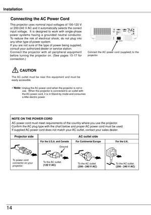 Page 14Installation
14
This projector uses nominal input voltages of 100-10 V 
or 00-40 V AC and it automatically selects the correct 
input  voltage.    It  is  designed  to  work  with  single-phase 
power  systems  having  a  grounded  neutral  conductor.  
To  reduce  the  risk  of  electrical  shock,  do  not  plug  into 
any other type of power system.
If  you  are  not  sure  of  the  type  of  power  being  supplied, 
consult your authorized dealer or service station.
Connect  the...