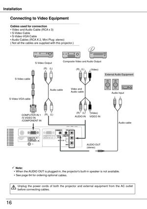 Page 16Installation
16
Connecting to Video Equipment
Cables used for connection
• Video and Audio Cable (RCA x 3) 
• S-Video Cable
• S-Video-VGA Cable  
• 
Audio Cables (RCA X , Mini Plug: stereo)
( Not all the cables are supplied with this projector.)
 Note:
  • When the AUDIO OUT is plugged-in, the projector's built-in speaker is not available.
  • See page 64 for ordering optional 
cables.
Unplug  the  power  cords  of  both  the  projector  and  external  equipment  from  the  AC  outlet 
before...