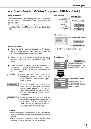 Page 35Computer1
Video Input
35
Remote Control 
COMPUTER button
Choose  Computer  1  by  pressing  the  INPUT  button  on 
the  top  control  or  press  the  COMPUTER  button  on  the 
remote control.
Before using these buttons, correct input source should 
be  selected  through  Menu  operation  as  described 
below.
Input Source Selection (S-Video, Component, RGB Scart 21-pin)
Direct Operation
Press the Point ▲▼ buttons to move the red arrow 
pointer to Computer 1 and then press the SELECT 
button. 
After...