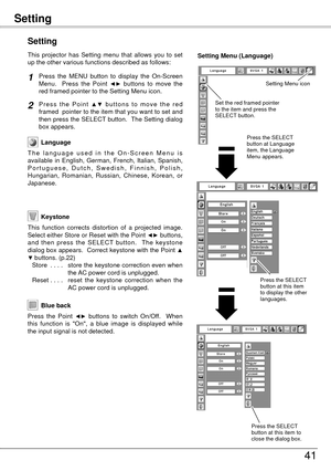 Page 41Setting
41
Blue back
Press  the  Point ◄►  buttons  to  switch  On/Off.    When 
this  function  is  "On",  a  blue  image  is  displayed  while 
the input signal is not detected. 
Keystone
Press  the  MENU  button  to  display  the  On-Screen 
Menu.    Press  the  Point ◄►  buttons  to  move  the 
red framed pointer to the Setting Menu icon.
Language
T h e   l a n g u a g e   u s e d   i n   t h e   O n - S c r e e n   M e n u   i s 
available  in  English,  German,  French,  Italian,  Spanish,...