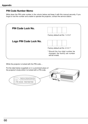 Page 6666
Write  down  the  PIN  code  number  in  the  column  below  and  keep  it  with  this  manual  securely.  If  you 
forgot or lost the number and unable to operate the projector, contact the service station. 
PIN Code Number Memo
Factory default set No: 1  3 4*
*  Should  the  four-digit  number  be 
changed,  the  factory  set  number 
will be invalid.
PIN Code Lock No .
Logo PIN Code Lock No .
Factory default set No: 4 3  1*
While the projector is locked with the PIN code....
Put the label...