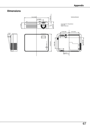 Page 6767
Dimensions
Appendix
3.74(95)
13.0 (330)2.18(55.3)
9.33(237)
3.62(92)
3.94(100)
5.83(148)
4.72(120)
2.95(75) 5.31(135)
Screw Holes for Ceiling Mount
Screw: M4
Depth: 0.394(10.0)
Unit:inch(mm)
10°MAX
3.15(80)
Appendix 