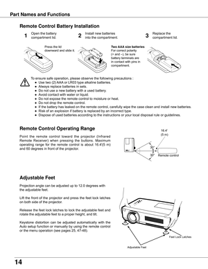 Page 14
14

Part Names and Functions
Adjustable Feet
To	ensure	safe	operation,	please	observe	the	following	precautions	:
	 ●	 Use	two	(2)	AAA	or	LR03	type	alkaline	batteries.
	 ●	 Always	replace	batteries	in	sets.
	 ●	 Do	not	use	a	new	battery	with	a	used	battery.
	 ●	 Avoid	contact	with	water	or	liquid.
	 ●	 Do	not	expose	the	remote	control	to	moisture	or	heat.
	 ●	 Do	not	drop	the	remote	control.
	 ●	 If	the	battery	has	leaked	on	the	remote	control,	carefully	wipe	the	case	clean	and	install	new	batteries....