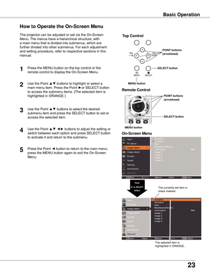 Page 23
3

Basic Operation
How to Operate the On-Screen Menu
The	projector	can	be	adjusted	or	set	via	the	On-Screen	
Menu.	The	menus	have	a	hierarchical	structure,	with	
a	main	menu	that	is	divided	into	submenus,	which	are	
further	divided	into	other	submenus.	For	each	adjustment	
and	setting	procedure,	refer	to	respective	sections	in	this	
manual.
Use	the	Point	▲▼	buttons	to	highlight	or	select	a	
main	menu	item.	Press	the	Point	►or	SELECT	button	
to	access	the	submenu	items.	(The	selected	item	is...