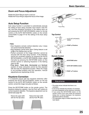 Page 25
5

Basic Operation
Rotate	the	Zoom	Ring	to	zoom	in	and	out.		
Rotate	the	Focus	Ring	to	adjust	the	focus	of	the	image.		
Zoom and Focus Adjustment
If	 a	 projected	 picture	 still	 has	 keystone	 distortion	 after	
pressing	 the	 AUTO	 SETUP/CANCEL	 button	 on	 the	 top	
control	 or	 the	 AUTO	 SET/CANCEL	 button	 on	 the	 remote	
control,	correct	the	image	manually	as	follows:
Press	 the	 KEYSTONE	 button	 on	 the	 remote	 control.	 The	
Keystone	 dialog	 box	 appears.	 Use	 the	 Point	▲▼	 buttons...