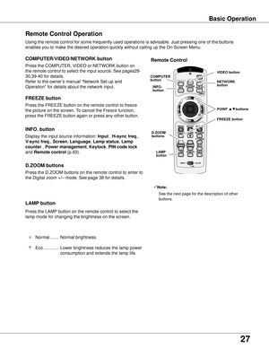 Page 27
27

Basic OperationBasic Operation
Remote Control Operation
Using the remote control for some frequently used operations is advisabl\
e. Just pressing one of the buttons 
enables you to make the desired operation quickly without calling up the\
 On-Screen Menu.
Press the COMPUTER, VIDEO or NETWORK button on 
the remote control to select the input source. See pages29-
30,39-40 for details.
Refer to the owner’s manual “Network Set-up and 
Operation” for details about the network input....