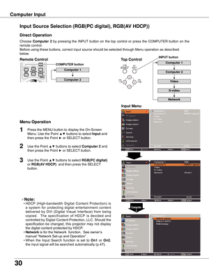 Page 30
30

Computer Input
Choose	Computer   by	 pressing	 the	 INPUT	 button	 on	 the	 top	 control	 or	 press	 the	 COMPUTER	 button	 on	 the	
remote	control.
Before	using	these	buttons,	correct	input	source	should	be	selected	through	Menu	operation	as	described	
below.
Input Source Selection (RGB(PC digital), RGB(AV HDCP))
Direct Operation
Menu Operation
Note:
	•	HDCP	 (High-bandwidth	 Digital	 Content	 Protection)	 is	
a	 system	 for	 protecting	 digital	 entertainment	 content	
delivered	 by	 DVI...