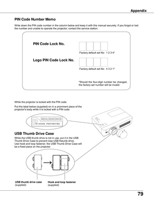 Page 79
79

Appendix
Write	down	the	PIN	code	number	in	the	column	below	and	keep	it	with	this	manual	securely.	If	you	forgot	or	lost	
the	number	and	unable	to	operate	the	projector,	contact	the	service	station.	
PIN Code Number Memo
Factory	default	set	No:		1	2	3	4*
Factory	default	set	No:		4	3	2	1*
Put	 the	label	 below	 (supplied)	 on	in	a	prominent	 place	of	the	
projector's	body	while	it	is	locked	with	a	PIN	code.
While	the	projector	is	locked	with	the	PIN	code.
PIN Code Lock No .
Logo PIN Code Lock No...