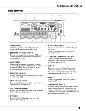 Page 9
9

Part Names and Functions
Rear Terminal 
⑦	S-VIDEO IN
	 Connect	the	S-VIDEO	output	signal	from	video	 equipment	to	this	jack	(p.17).
⑩	AUDIO IN
	 Connect	the	audio	output	signal	from	video	 equipment	connected	to	
⑦	or	⑪	to	this	jack.	
For	a	mono	audio	signal	(a	single	audio	jack),	
connect	it	to	the	L 	(MONO)	jack	(p.17).
⑨	COMPUTER 1 / COMPUTER  AUDIO IN
	 Connect	the	audio	output	(stereo)	from	a	 computer	or	video	equipment	connected	to	
②	
or	
④ 	to	this	jack.	(pp16,	18)
⑪	VIDEO IN
	 Connect...