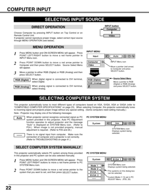 Page 2222
COMPUTER INPUT
SELECTING INPUT SOURCE
MENU OPERATION
DIRECT OPERATION
Choose Computer by pressing INPUT button on Top Control or on
Remote Control Unit.
If projector cannot reproduce proper image, select correct input source
through MENU OPERATION (see below).
Press MENU button and ON-SCREEN MENU will appear.  Press
POINT LEFT/RIGHT button to move a red frame pointer to
INPUT Menu icon.
Press POINT DOWN button to move a red arrow pointer to
Computer and then press SELECT button.  Source Select Menu...