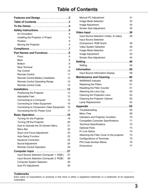 Page 33
Table of Contents
Trademarks
Each  name  of  corporations  or  products  in  this  book  is  either  a  registered  trademark  or  a  trademark  of  its  respective 
corporation.
Features and Design  . . . . . . . . . . . . . . . . . . .2
Table of Contents . . . . . . . . . . . . . . . . . . . . . .3
To the Owner . . . . . . . . . . . . . . . . . . . . . . . . . .4
Safety Instructions . . . . . . . . . . . . . . . . . . . . .5
Air Circulation 6
Installing the Projector in Proper  6
Position 6
Moving...