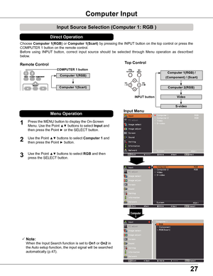 Page 2727
Choose Computer 1(RGB) or Computer 1(Scart) by pressing the INPUT button on the top control or press the 
COMPUTER 1 button on the remote control. 
Before  using  INPUT  button,  correct  input  source  should  be  selected  through  Menu  operation  as  described 
below.
1
Input Menu
2
3
Input Source Selection (Computer 1: RGB )
Computer Input 
COMPUTER 1 button
 Note:
   When the Input Search function is set to On1 or On2 in 
the Auto setup function, the input signal will be searched 
automatically...