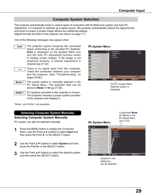 Page 2929
PC System Menu
PC System Menu
Computer System Selection
This projector automatically tunes to various types of computers with it\
s Multi-scan system and Auto PC 
Adjustment. If a computer is selected as a signal source, this projector\
 automatically detects the signal format 
and tunes to project a proper image without any additional settings. 
(Signal formats provided in this projector are shown on page 71.)
One of the following messages may appear when:
The  projector  cannot  recognize  the...