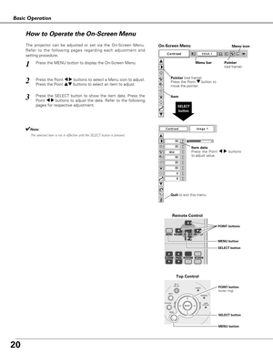 Page 20P-
TIMER
FREEZE
COMPUTERVIDEO
PAGESELECTD.ZOOM
MUTE
VOLUME-MENU
NO SHOW
IMAGE
VOLUME+
KEYSTONE
AUTO PC
ON-
OFF
20
Basic Operation
ON - OFFPOWER
KEYSTONEINPUT
WARNING
LAMP
REPLACE
MENU
VOLUME–VOLUME+SELECT
Top Control
Menu bar Pointer
(red frame)Menu icon
Item data
Press the Point 
7 8buttons
to adjust value.
SELECT
button
Pointer (red frame)
Press the Point d button to
move the pointer.
Item
SELECT button POINT buttons
Remote Control
How to Operate the On-Screen Menu
MENU button SELECT button POINT...