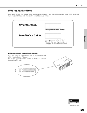 Page 5959
Appendix
Appendix
Pixelworks ICs used.
Write down the PIN code number in the column below and keep it with this manual securely. If you forgot or lost the
number and unable to operate the projector, contact the service station. 
PIN Code Number Memo
PIN Code Lock No.
Logo PIN Code Lock No.
Factory default set No:  1 2 3 4*
Factory default set No:  4 3 2 1*
*Should the four-digit number be
changed, the factory set number will
be invalid.
Put a label below on in a prominent place of the projectors body...